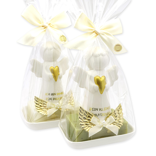 Schafmilchseife eckig 150g auf Seifenschale dekoriert mit Schutzengel mit Herz in Cello, Classic/Eisenkraut 