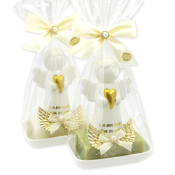 Schafmilchseife eckig 150g auf Seifenschale dekoriert mit Schutzengel mit Herz in Cello, Classic/Eisenkraut 