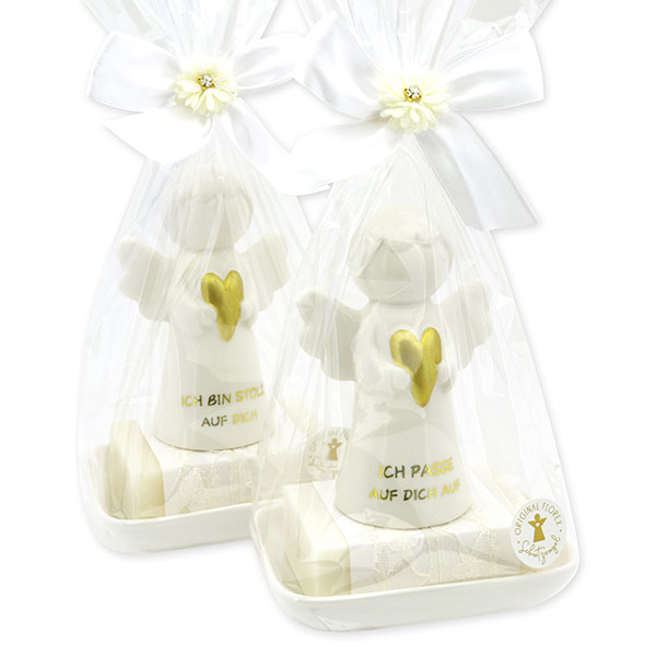 Schafmilchseife eckig 150g auf Seifenschale dekoriert mit Schutzengel mit Herz in Cello, Classic/Schneerose 