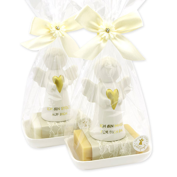 Schafmilchseife eckig 150g auf Seifenschale dekoriert mit Schutzengel mit Herz in Cello, Classic/Zirbe 