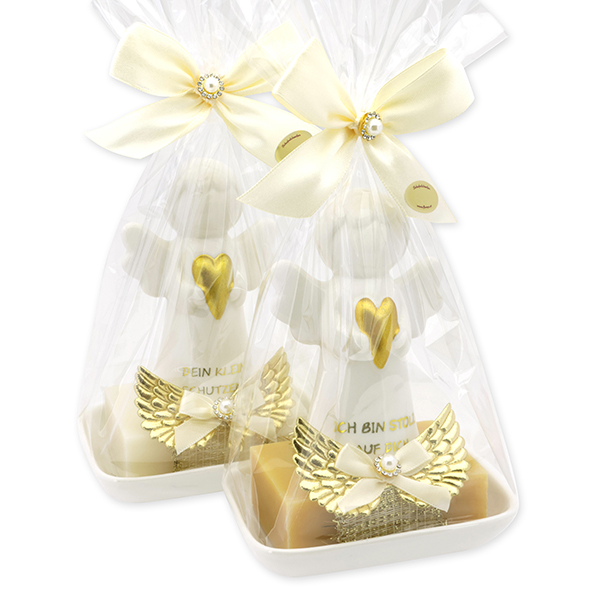 Sheep milk soap square 150g on a soap dish decorated with guardian angel with heart in a cellophane bag, Classic/Swiss pine 