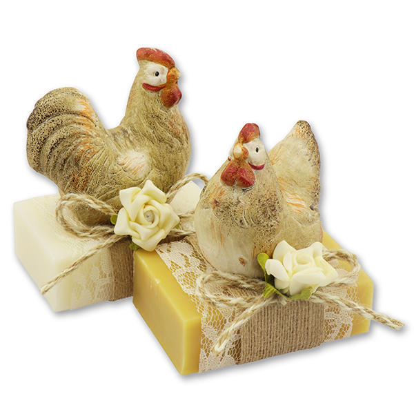 Sheep milk soap 150g decorated with a chicken/rooster, Classic/swiss pine 