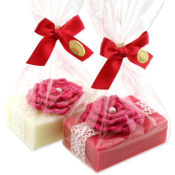 Sheep milk soap 150g, decorated with a crochet flower in a cellophane, Classic/lotus 