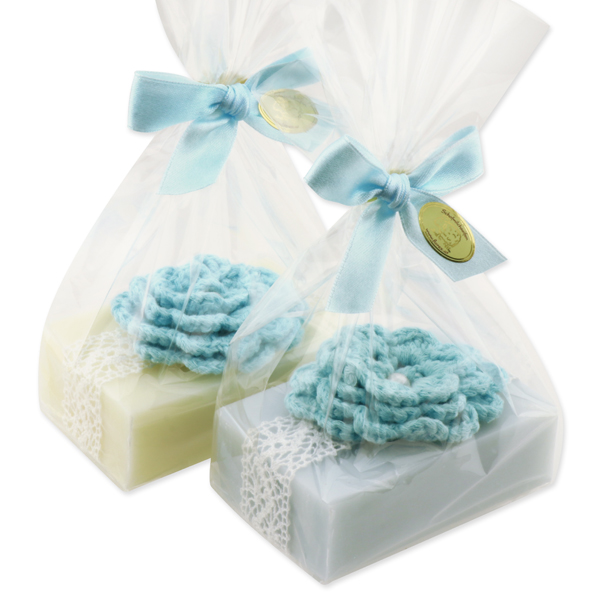 Sheep milk soap 150g, decorated with a cropchet flower in a cellophane, Classic/'forget-me-not' 