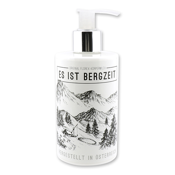 Body milk with organic sheep milk 250ml in a dispenser "Es ist Bergzeit", Swiss pine 