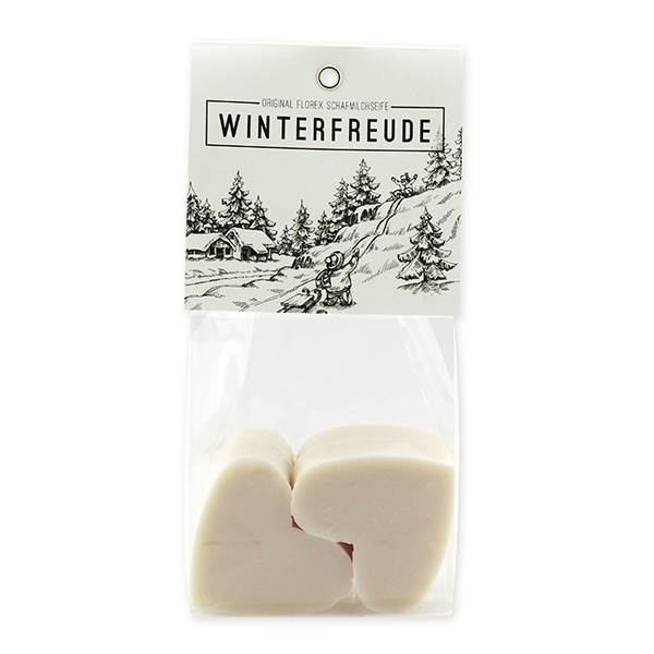 Sheep milk soap heart 4x23g in a cellophane "Winterfreude", Christmas rose white 