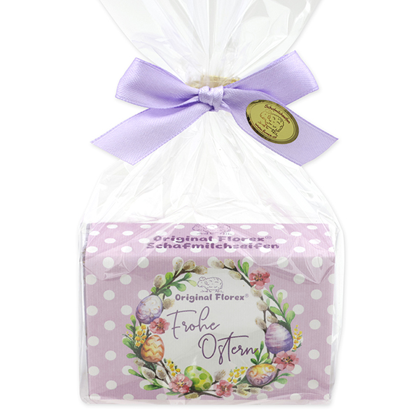 Schafmilchseife eckig 150g "Frohe Ostern" in Cello, Lavendel 