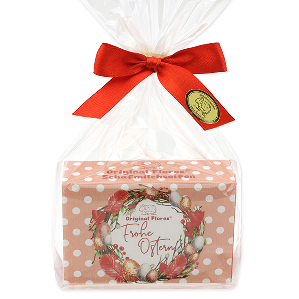 Schafmilchseife eckig 150g "Frohe Ostern" in Cello, Rose mit Blüten 