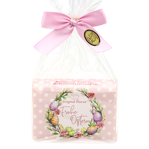 Sheep milk soap square 150g “Frohe Ostern” in a cellophane bag, Peony 