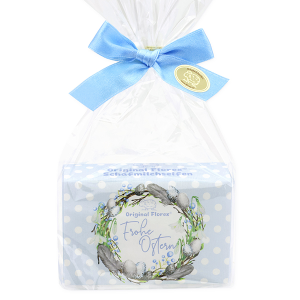 Sheep milk soap square 150g “Frohe Ostern” in a cellophane bag, Forget-me-not 