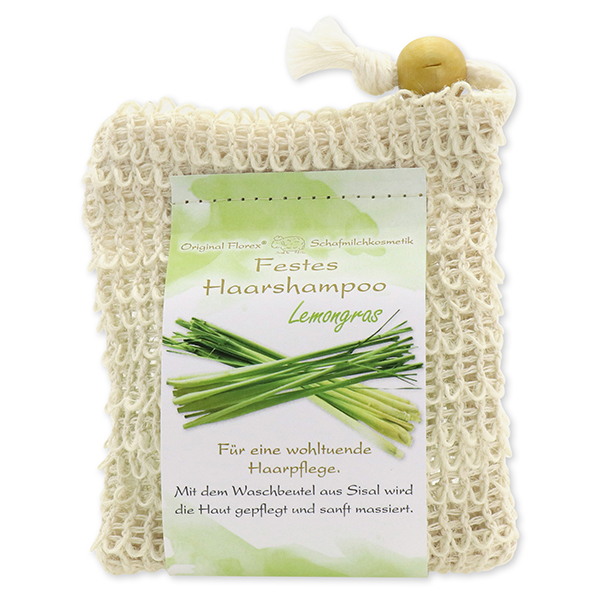 Solid hair shampoo with sheep milk 58g in a sisal wash bag, Lemongrass 