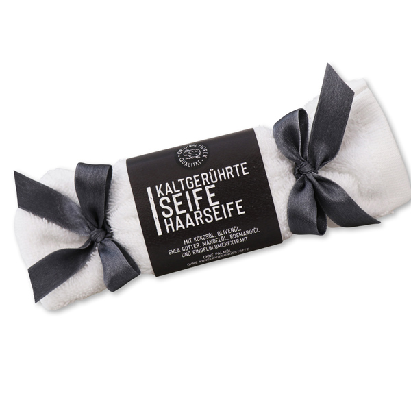 Cold-stirred soap 100g "Black Edition", in a washing cloth, Hairsoap 