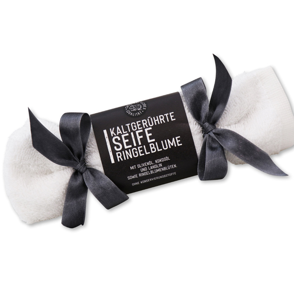 Kaltgerührte Seife Waschlappen-Zuckerl weiß 100g "Black Edition", Ringelblume 