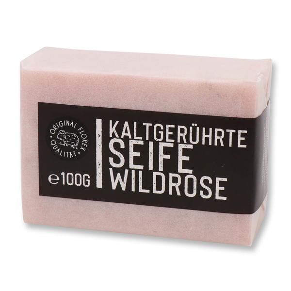 Kaltgerührte Seife 100g "Black Edition" weiß verpackt, Wildrose mit Blüten 