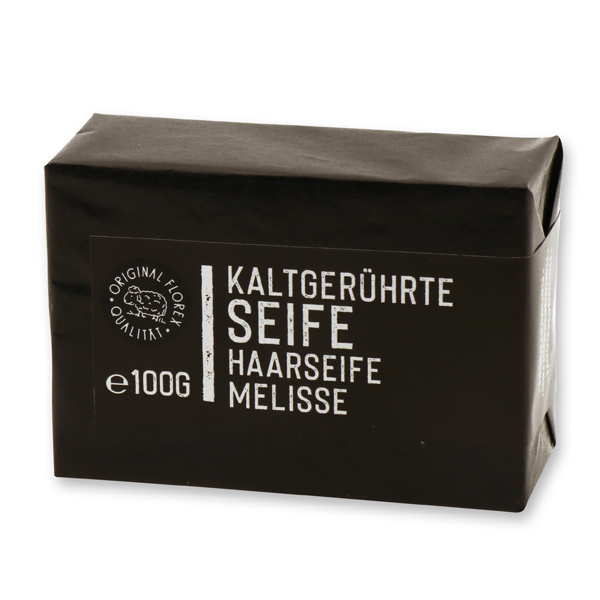 Kaltgerührte Seife 100g, Black Edition, schwarz verpackt, Haarseife Melisse 