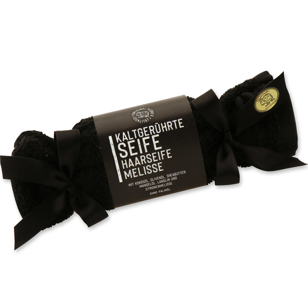 Cold-stirred soap 100g "Black Edition", in a washing cloth, Hair soap Melissa 