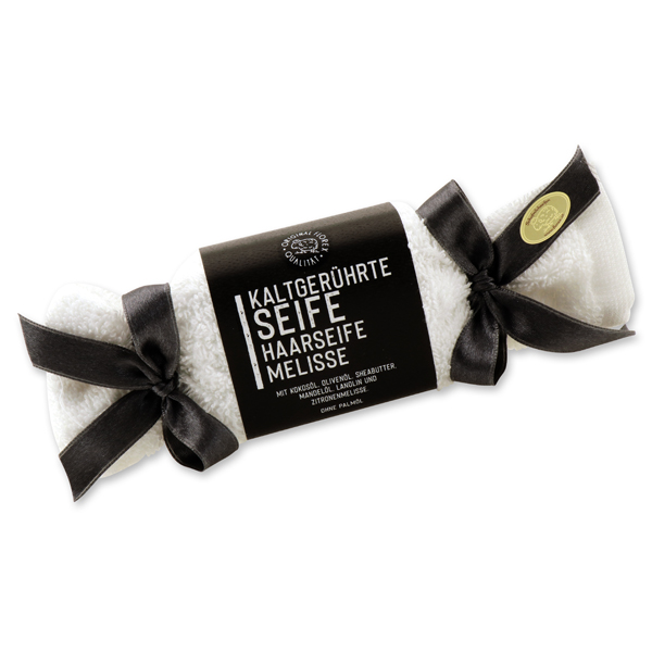 Cold-stirred soap 100g "Black Edition", in a washing cloth, Hair soap Melissa 