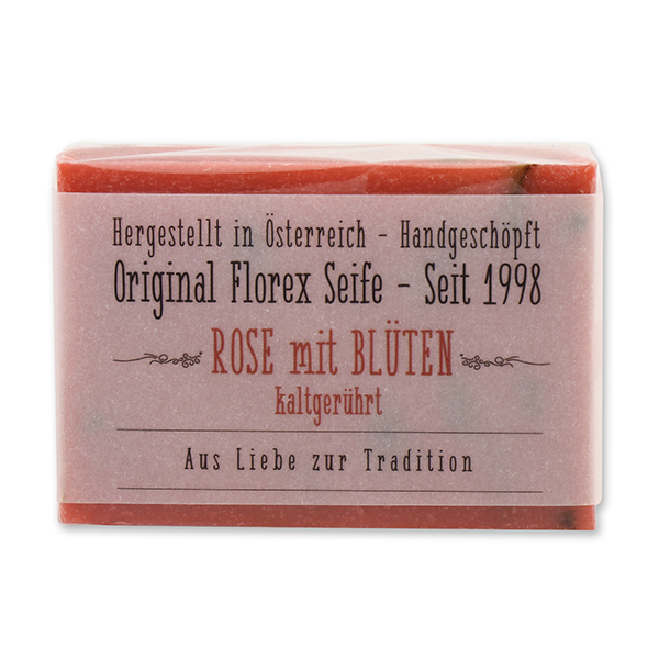 Kaltgerührte Seife 100g in Cello mit transparenter Schleife, Rose mit Blüten 