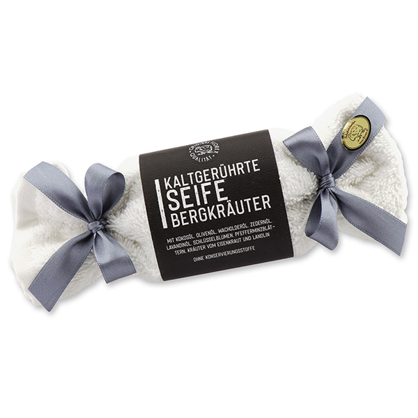 Cold-stirred soap 100g "Black Edition", in a washing cloth, Mountain herbs 