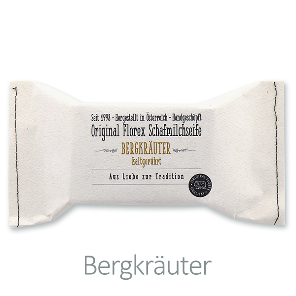 Kaltgerührte Seife 100g im genähten Papierbeutel, Bergkräuter 