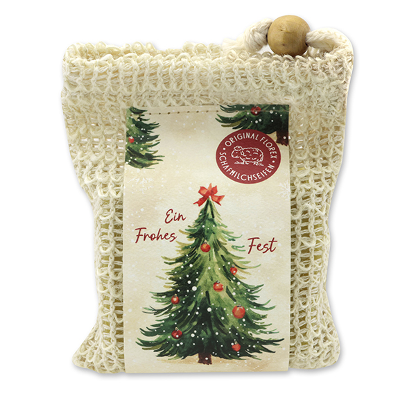 Handgeschöpfte Schafmilchseife 150g im Waschbeutel "Bunte Festtage Motiv 2", Zirbe 