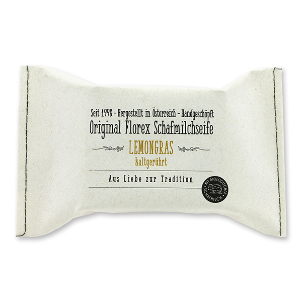 Cold-stirred sheep milk soap 150g, packed in a stitched paper bag, Lemongras 