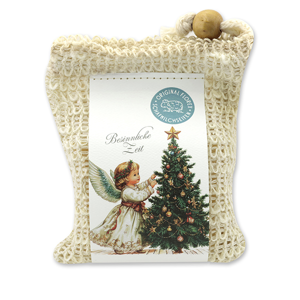 Handgeschöpfte Schafmilchseife 150g im Waschbeutel "Bunte Festtage Motiv 20", Schneerose 