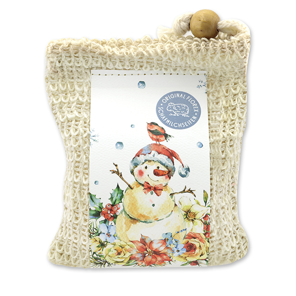 Handgeschöpfte Schafmilchseife 150g im Waschbeutel "Bunte Festtage Motiv 5", Schneerose 