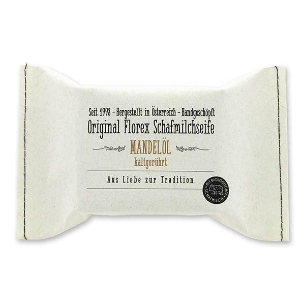 Cold-stirred sheep milk soap 150g, packed in a stitched paper bag, Almond oil 