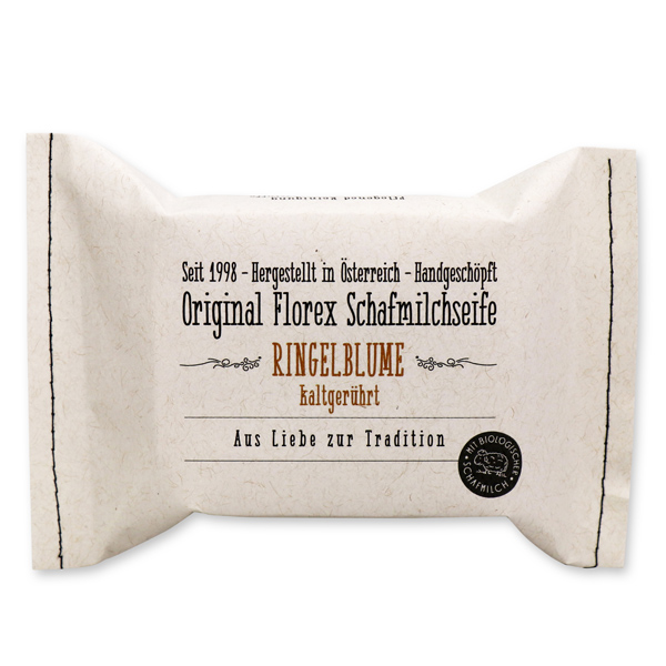 Cold-stirred sheep milk soap 150g, packed in a stitched paper bag, Marigold 