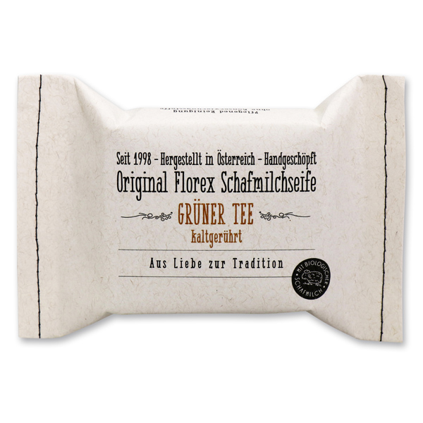 Cold-stirred sheep milk soap 150g, packed in a stitched paper bag, Green tea 