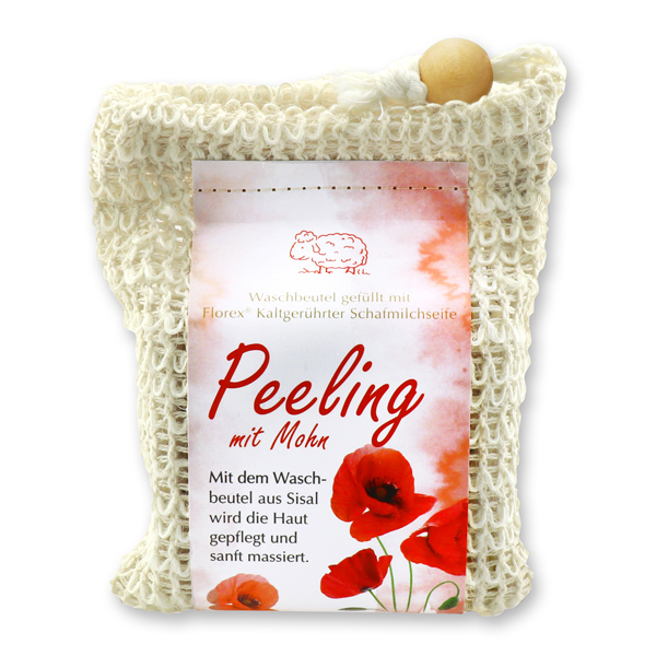 Cold-stirred sheep milk soap 150g modern packed in a soap holder,  Peeling with poppy 