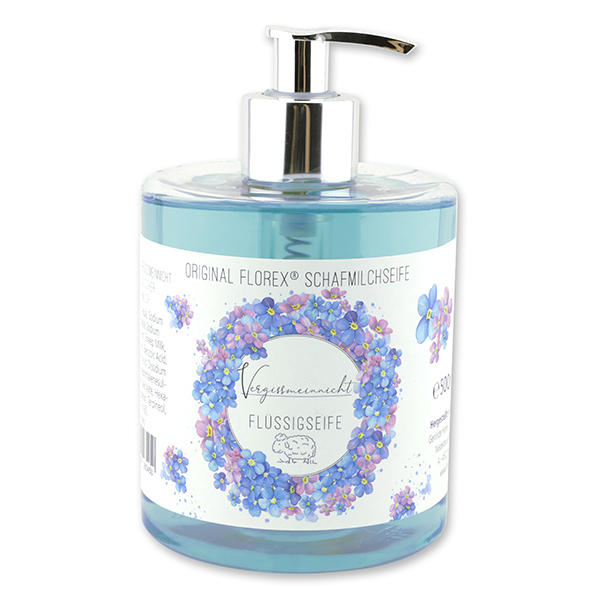 Liquid sheep milk soap 500ml in a dispenser 'Einzigartige Augenblicke', Forget-me-not 