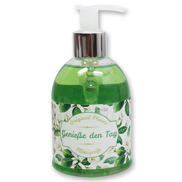 Liquid sheep milk soap 250ml in a dispenser "Genieße den Tag", Verbena 