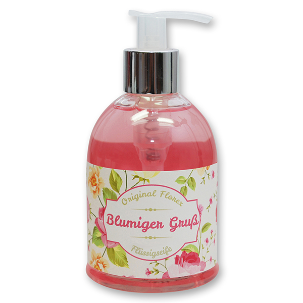 Liquid sheep milk soap 250ml in a dispenser "Blumiger Gruß", Peony 