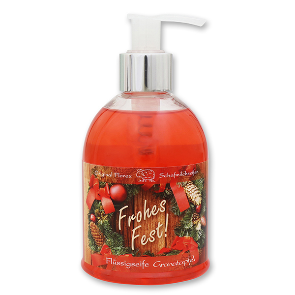 Liquid sheep milk soap 250ml in a dispenser "Frohes Fest", Pomegranate 