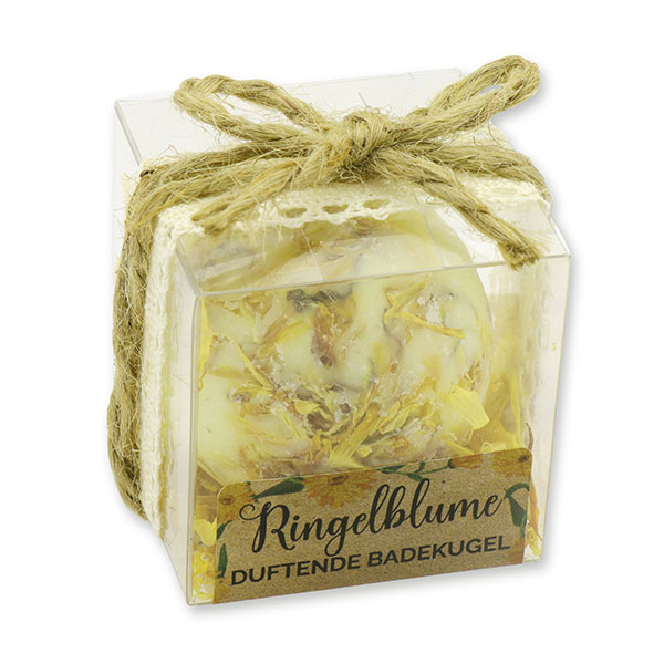 Badebutter-Kugel mit Schafmilch 50g in Cellobox "Wohlfühlzeit", Ringelblume-Grüner Tee 