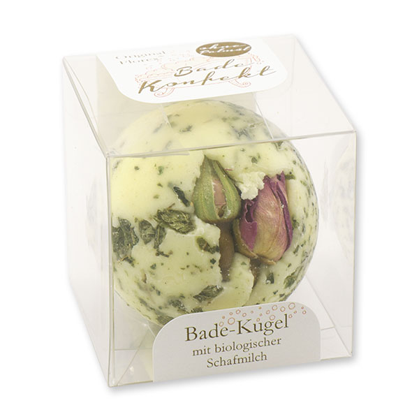 Badebutter-Kugel mit Schafmilch 50g in Cellobox, Rosenknospe/Wildrose 