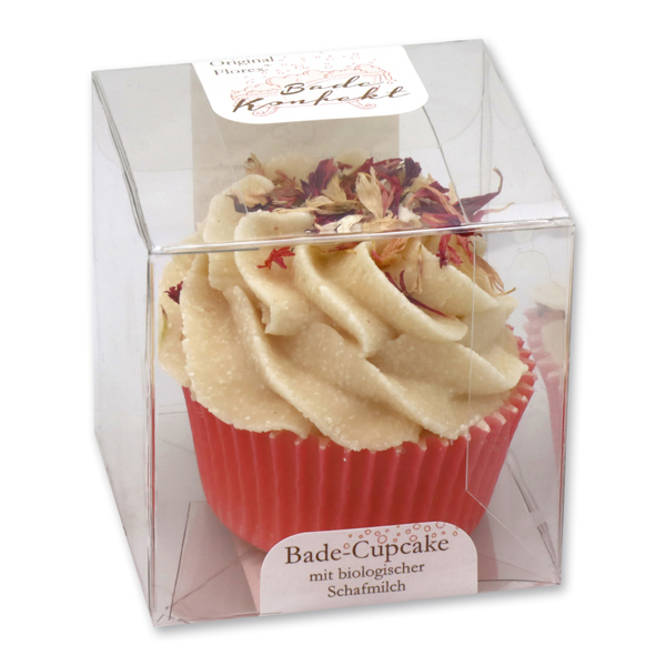 XL Badebutter-Cupcake mit Schafmilch 90g in Cellobox, Kornblume Pink/Kirsche 