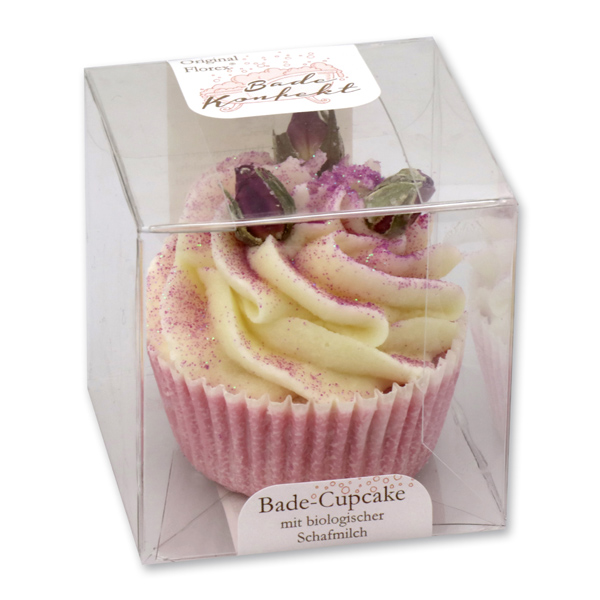 XL Badebutter-Cupcake mit Schafmilch 90g in Cellobox, Rosenknospen/Rose 