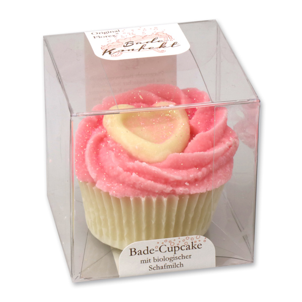 XL Badebutter-Cupcake mit Schafmilch 90g in Cellobox, Rosa Herz/Wasserlilie 