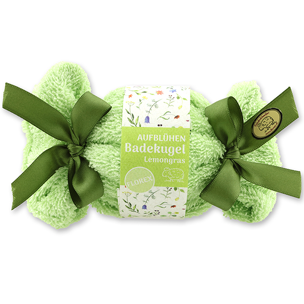 Bath ball with sheep milk 125g in a washcloth "Aufblühen", Lemongras 