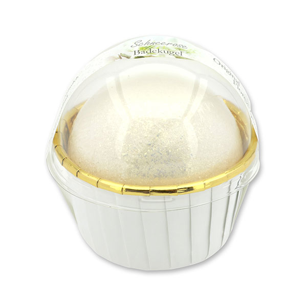 Glitter bath bomb with sheep milk 125g in a cases modern, Christmas rose white 