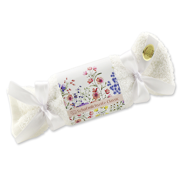 Sheep milk soap 100g in a washcloth 'Blütenzart' with design 10, Classic 