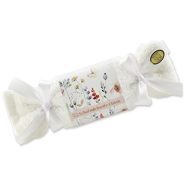 Sheep milk soap 100g in a washcloth 'Blütenzart' with design 3, Classic 