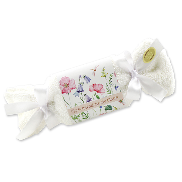 Sheep milk soap 100g in a washcloth 'Blütenzart' with design 5, Classic 