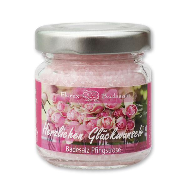 Bath salt 60g in a glass jar "Herzlichen Glückwunsch", Peony 