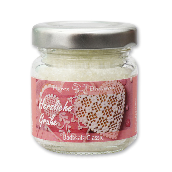 Bath salt 60g in a glass jar "Herzliche Grüße", Classic 