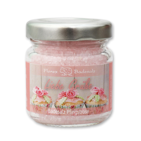 Bath salt 60g in a glass jar "Liebe Grüße", Peony 