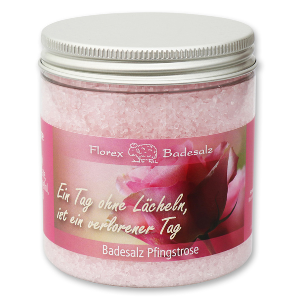 Bath salt 300g in a container "Ein Tag ohne Lächeln, ist ein verlorener Tag", Peony 